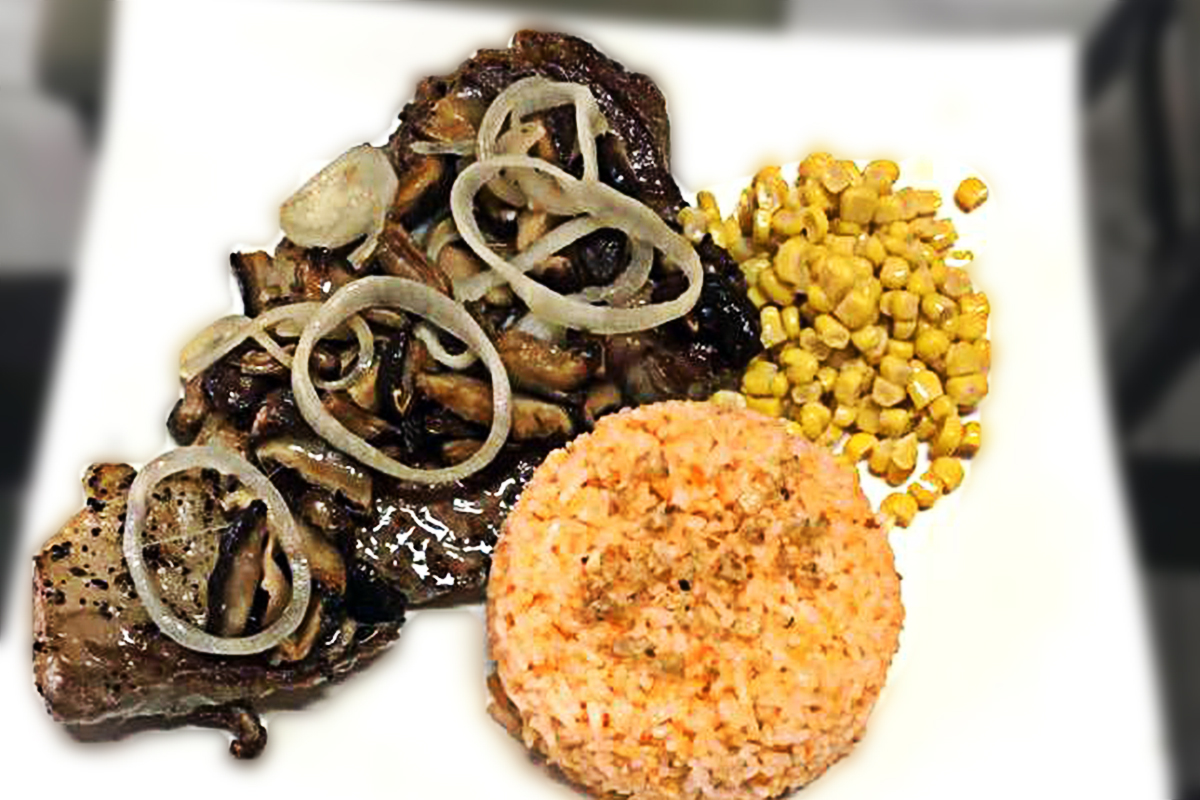 Black Angus Rib Eye Steak with Fried Rice and Corn by Jimmy & Tang's